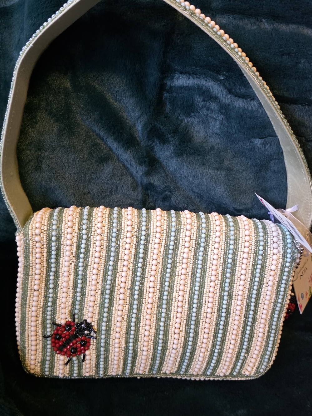 Beaded Ladybug Bag in Red and Cream - Picture 2 of 7
